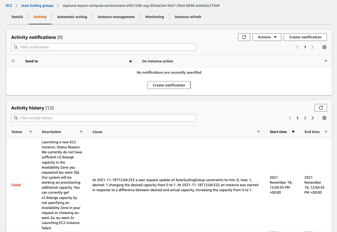 檢查自動擴展問題時 Amazon EC2 主控台的螢幕擷取畫面