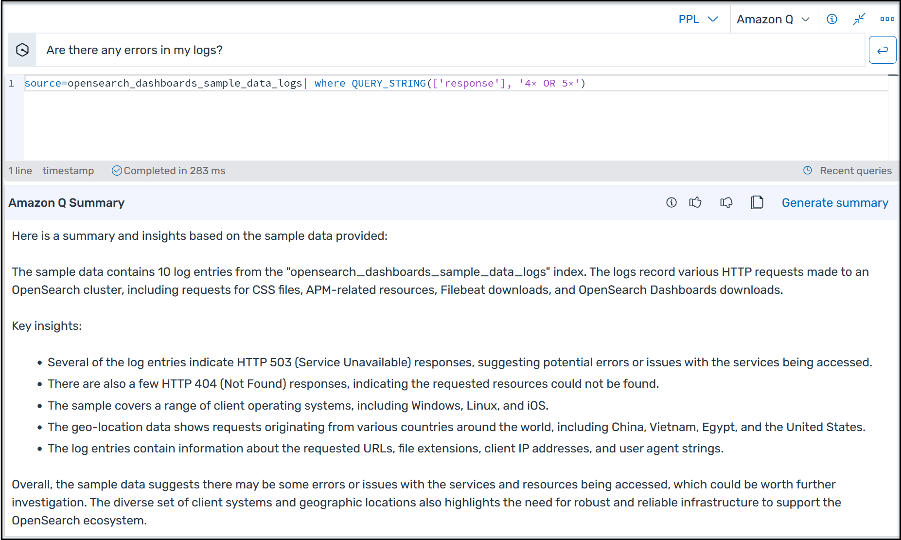 Amazon Q Developer 自然語言查詢和摘要的範例。
