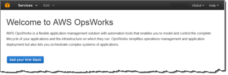 如果您沒有堆疊，您會在 Stacks AWS OpsWorks 主控台中看到初次執行頁面；否則，您會看到帳戶所有堆疊的清單。