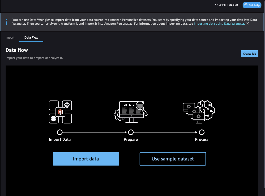 顯示 Data Wrangler 的資料流程頁面,其中包含匯入資料和使用範例資料集選項。