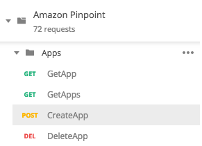 Amazon Pinpoint Postman 集合中的應用程式資料夾。