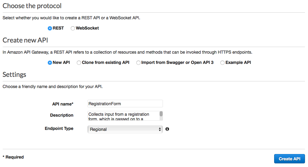 通訊協定設定為 REST、建立新的 API 設定為新的 API、API 名稱設定為 RegistrationForm，端點類型設定為區域性。