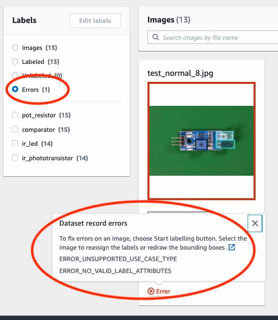 錯誤對話方塊顯示「資料集記錄錯誤」下的「ERROR_UNSUPPORTED_USE_CASE_TYPE」和「ERROR_NO_VALID_LABEL_ATTRIBUTES」。