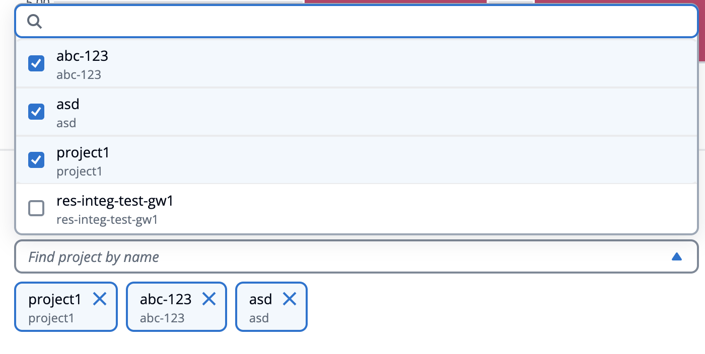 Search bar and project list with checkboxes, showing selected projects below.