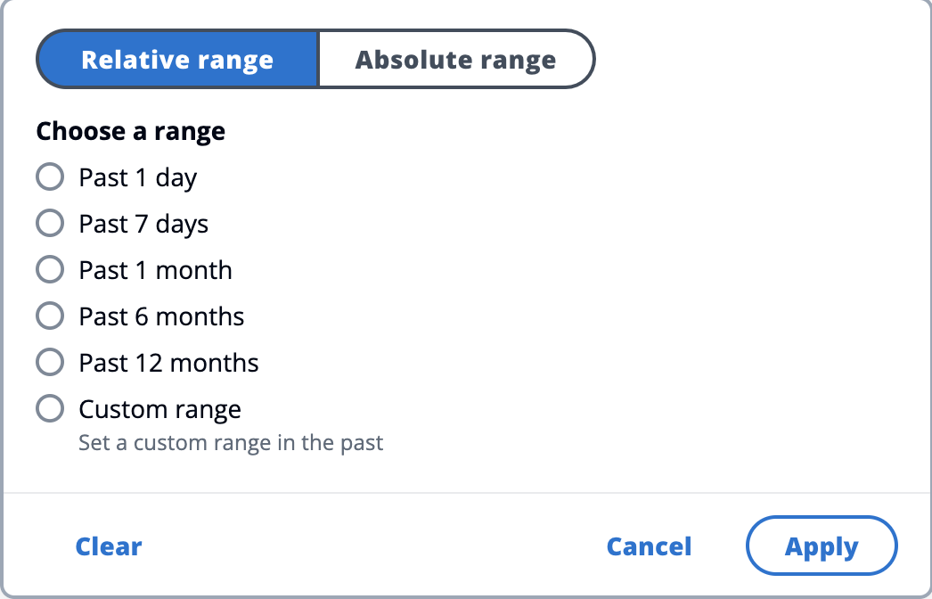日期 range selection interface with options from 1 day to 12 months and custom range.