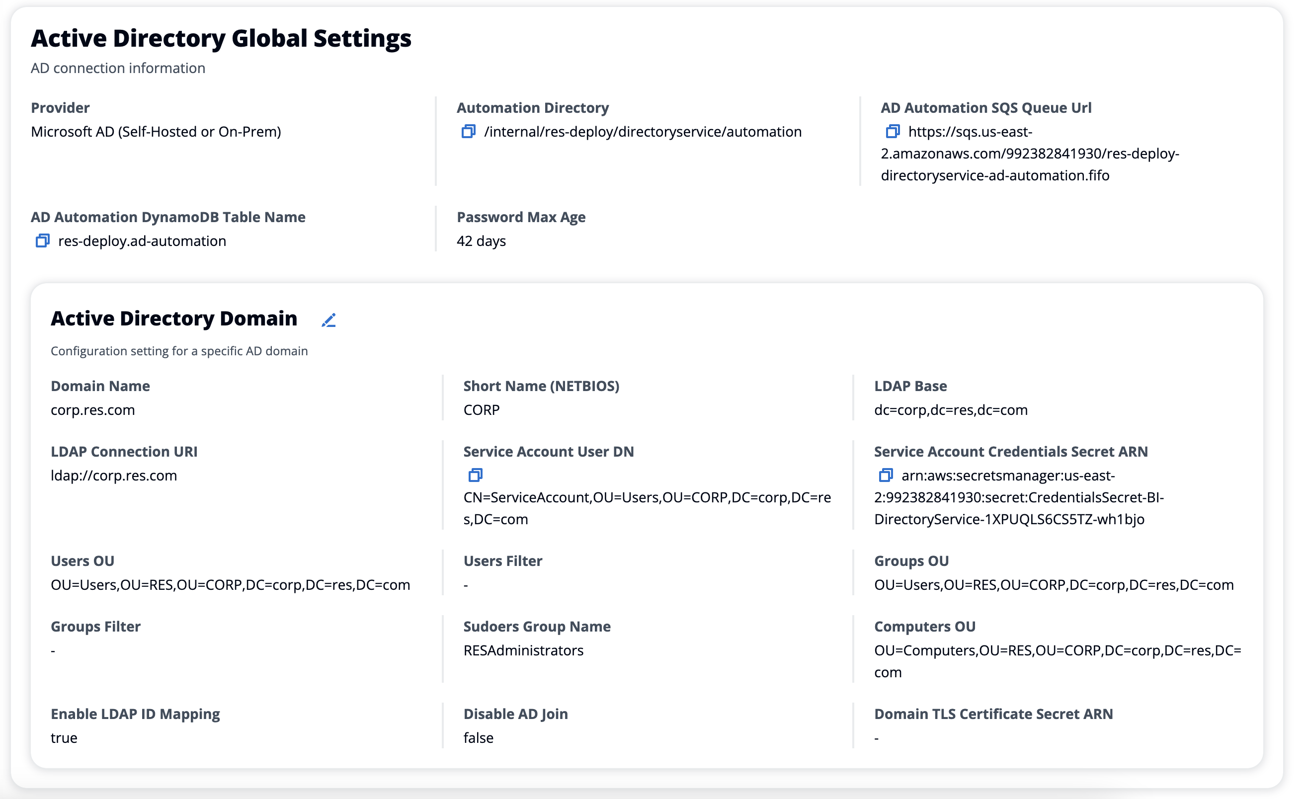 Active Directory global settings and domain configuration interface for RES deployment.