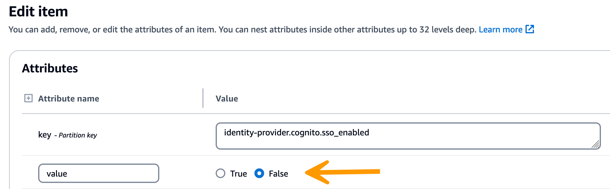 DynamoDB 主控台具有 sso_enabled 金鑰值的編輯項目畫面。