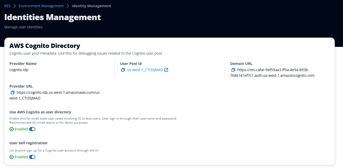 顯示 cognito 目錄設定的身分管理頁面