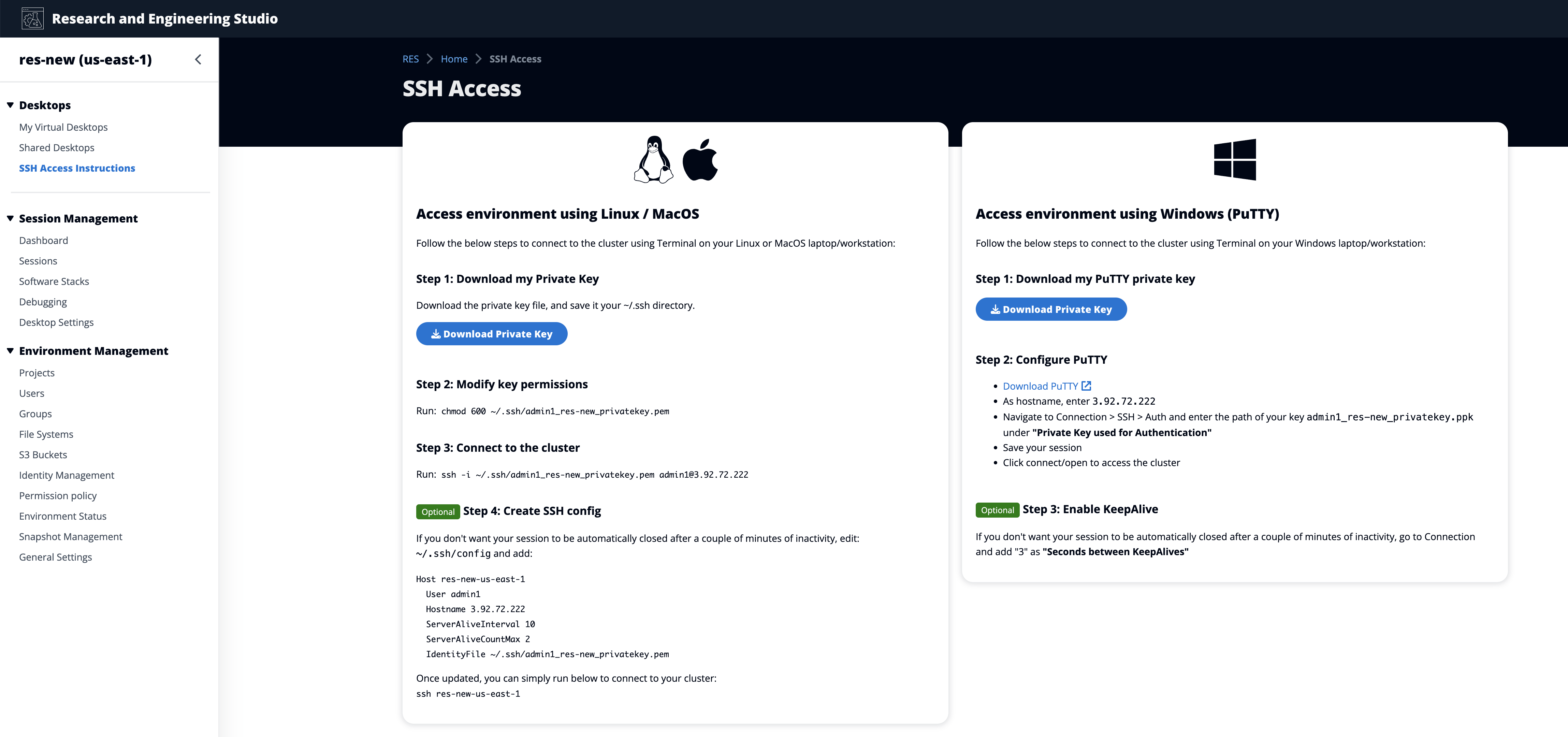 SSH 存取指示頁面顯示 Linux 和 Windows 的步驟