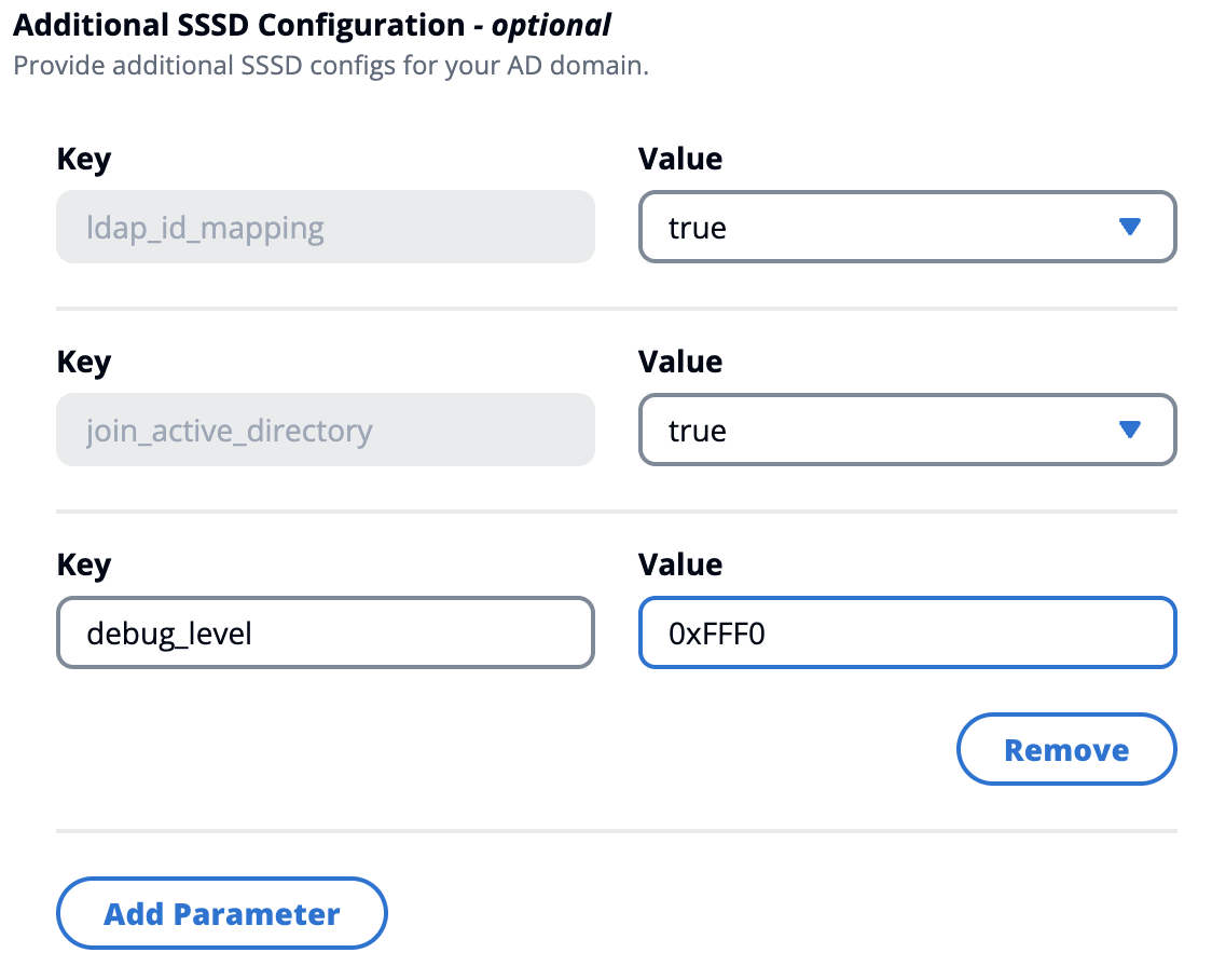 顯示輸入的新金鑰和值對的其他 SSSD 組態