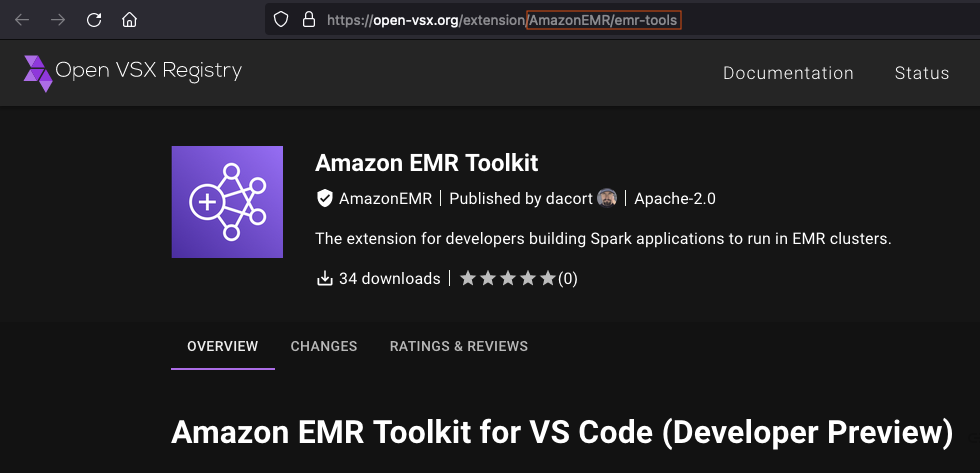 Open VSX 登錄中的 Amazon EMR 延伸模組頁面。