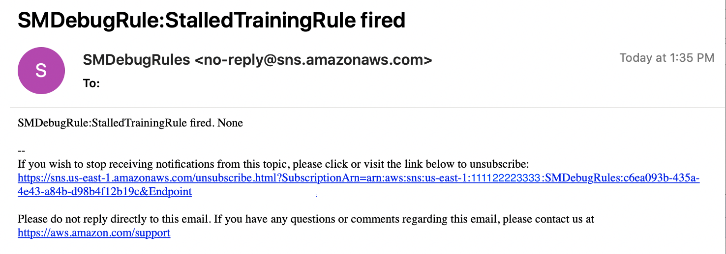 當偵錯工具偵測到 StalledTraining 問題時,傳送的電子郵件通知範例。