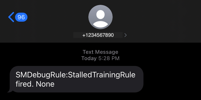 當偵錯工具偵測到 StalledTraining 問題時,所傳送的簡訊通知範例。
