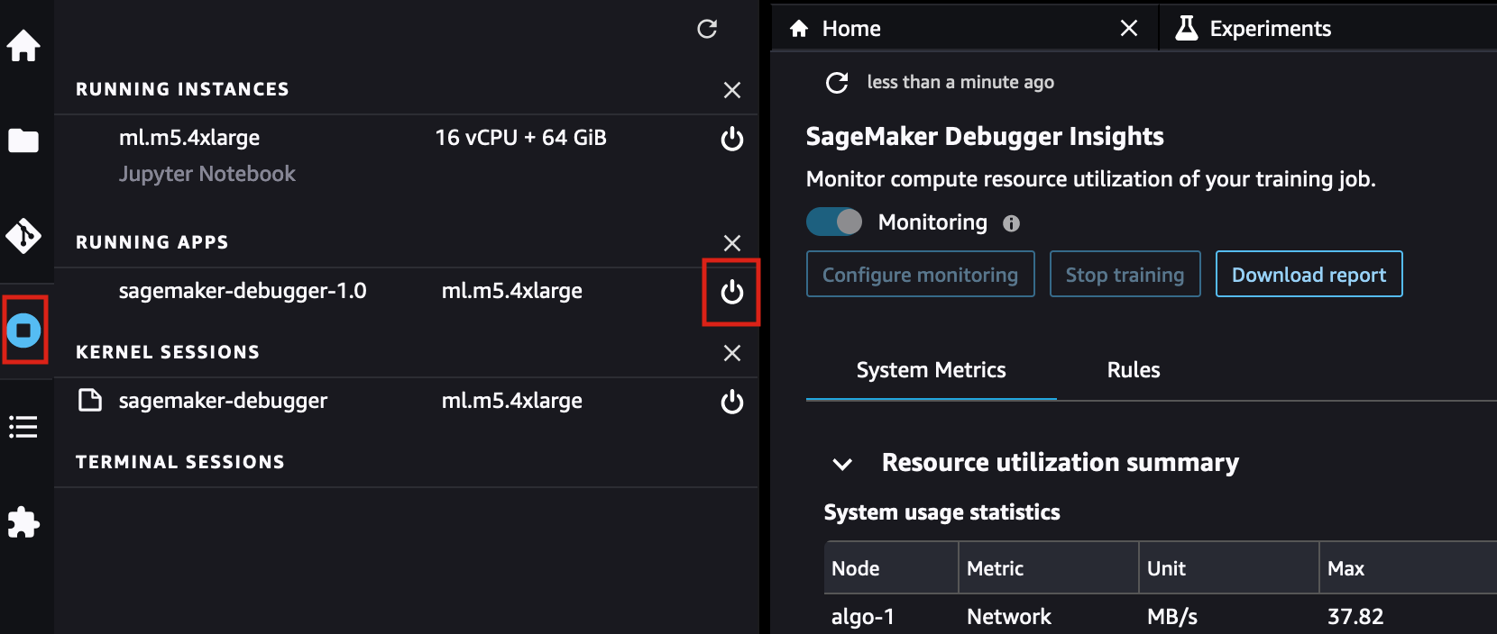 動畫螢幕擷取畫面，顯示如何關閉 SageMaker Debugger 深入分析儀表板執行個體。