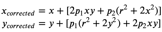 公式 2：x_{corrected} 和 y_{corrected} 的方程式，以修正切向失真。