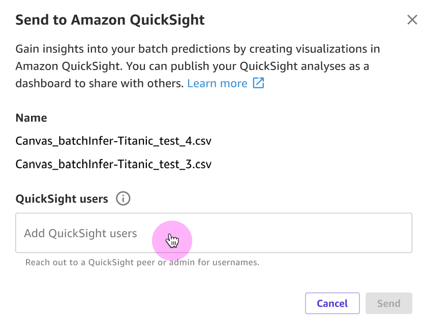 傳送至 QuickSight 對話方塊。
