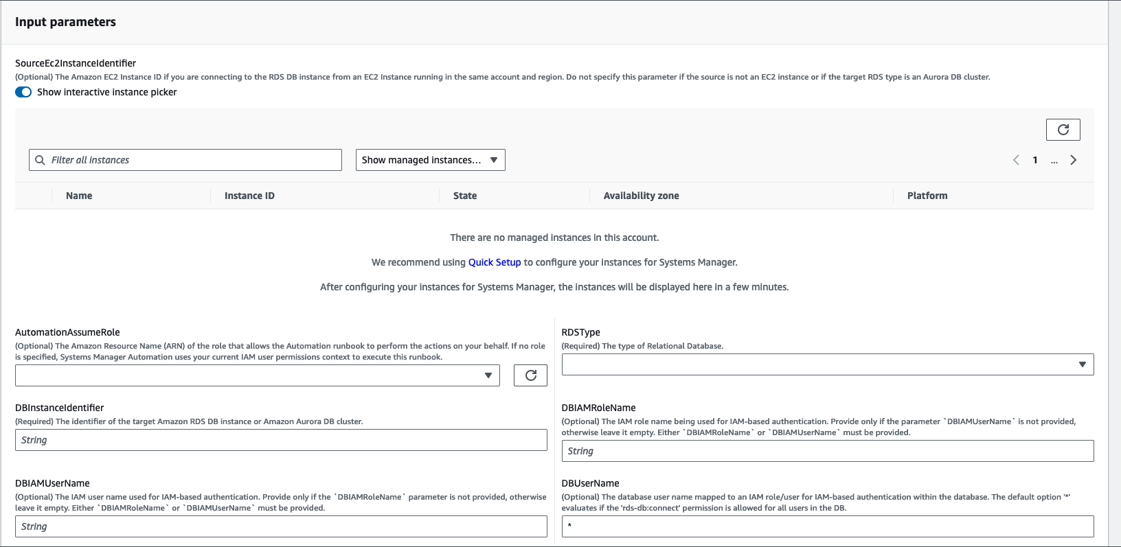 Input parameters form for AWS Systems Manager with fields for EC2 instance and database configuration.