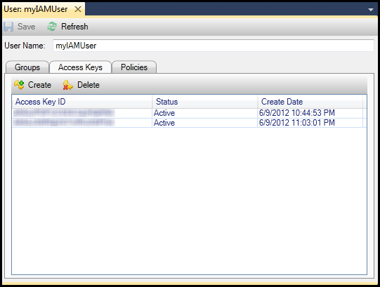 IAM 使用者 details window showing Access Keys tab with two active keys and their creation dates.