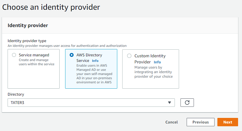 選擇已選取身分提供者主控台區段。 AWS Directory Service