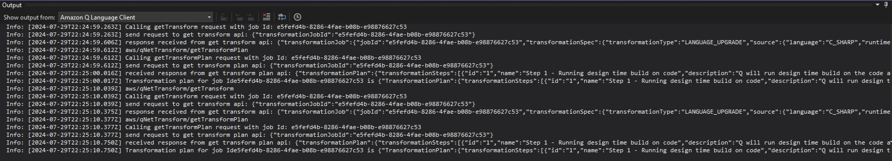 AWS 轉換程式碼任務計劃的螢幕擷取畫面，顯示來自 Amazon Q 語言用戶端的輸出。