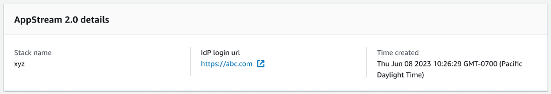 WorkSpaces Applications details table showing stack name, IdP login URL, and creation time.