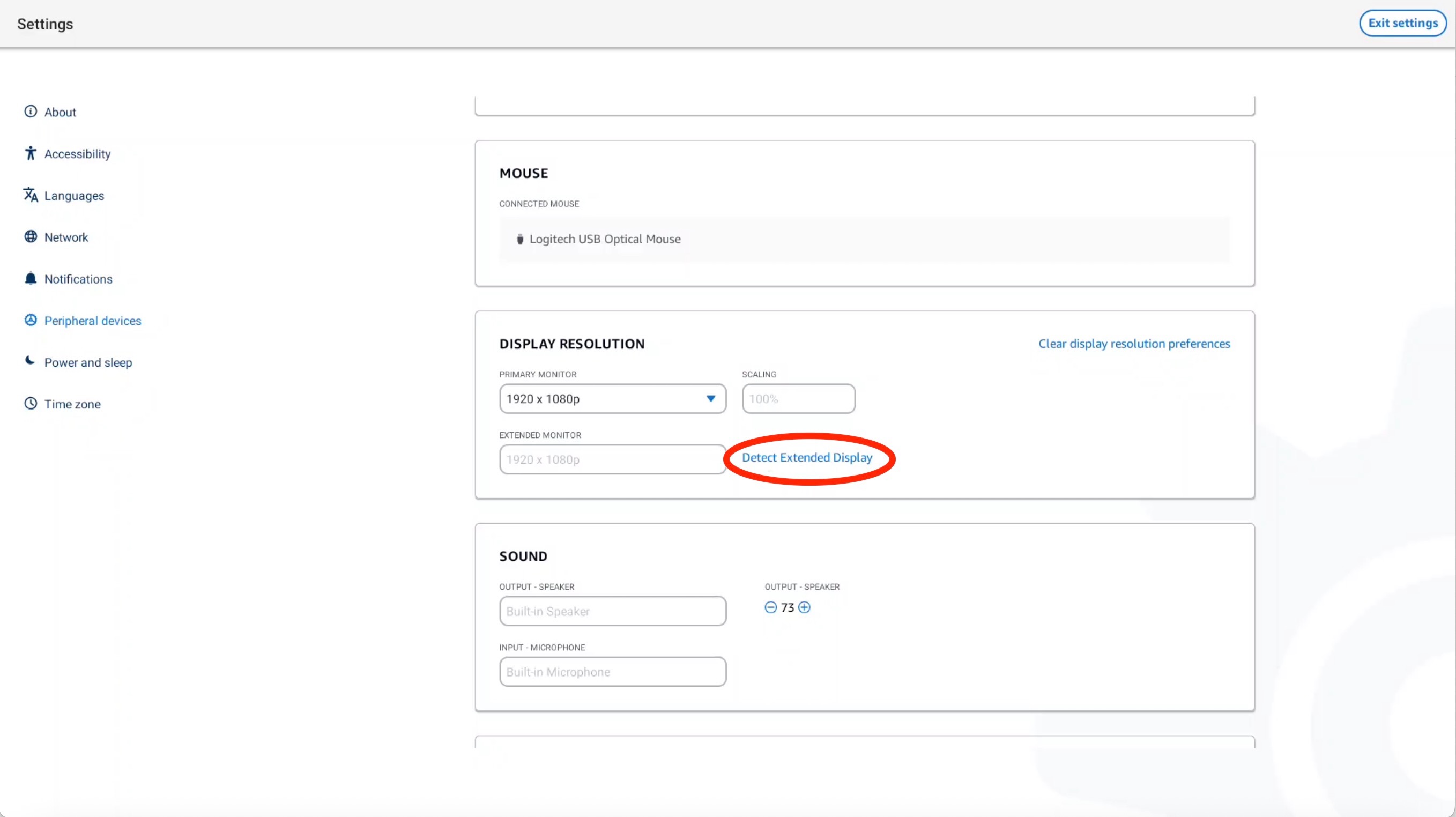 Settings page showing mouse, display resolution, and sound options with "Detect Extended Display" highlighted.